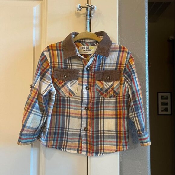 Osh Kosh Boys 18‎ Month Plaid Button Down Shirt with Corduroy Elbows and Collar - Picture 1 of 6